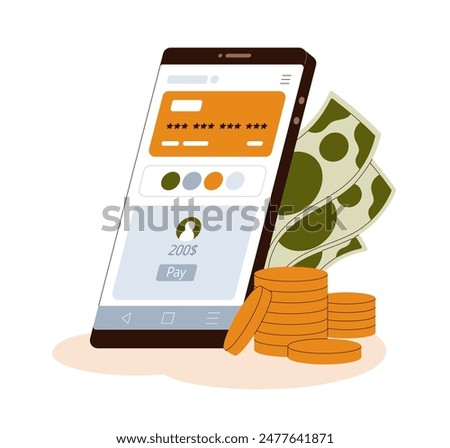 Online banking app on smartphone. Mobile application for payment and money transactions. Digital finance, fintech service on smart phone screen. Flat vector illustration isolated on white background