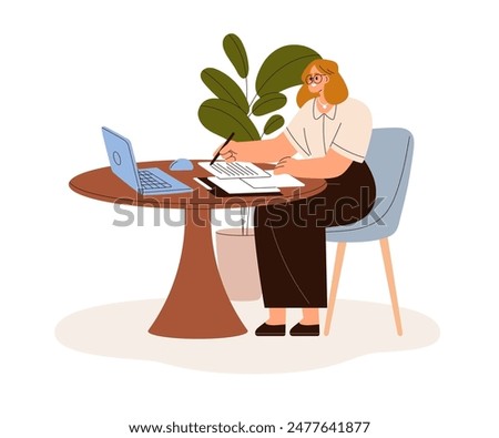 Woman works with laptop and papers on desk. Business person filling forms, signing documents, sitting at round table with notebook computer. Flat vector illustration isolated on white background