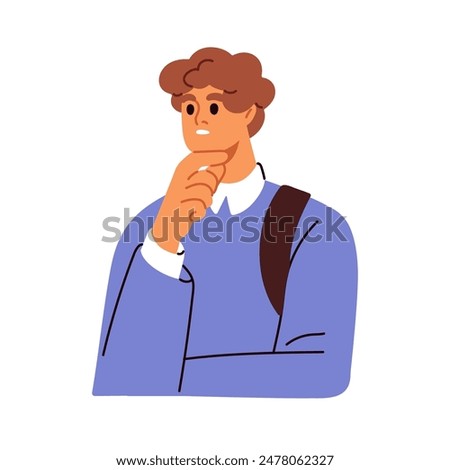 Pensive confused man thinking. Thoughtful doubting person touching face, chin with hand. Uncertain puzzled male character considering, pondering. Flat vector illustration isolated on white background