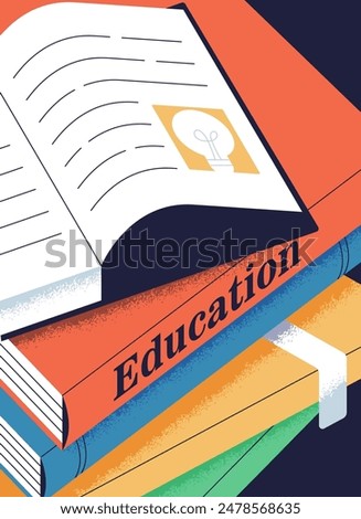 Books stack for education and knowledge, poster design. Reading and learning, paper literature, library vertical background, card with school and university textbooks. Flat graphic vector illustration