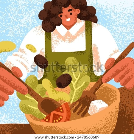 Cooking vegetable salad. Happy woman during healthy food preparation. Mixing fresh veggies, tomato, lettuce, olive, cheese in bowl for vegetarian dish. Mediterranean cuisine. Flat vector illustration