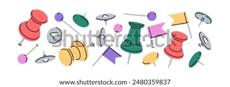 Pushpins, thumbtacks set. Different push pins, attaching buttons, needles with heads, knobs, flag pointers, thumb tacks for marking, pricking. Flat vector illustrations isolated on white background