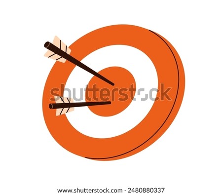 Target with arrow icon. Hitting aim, purpose, objective and focus concept. Bullseye symbol, achievement, goal and accuracy. Dartboard center. Flat vector illustration isolated on white background