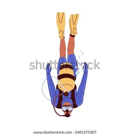 Scuba diver in suit, fins, underwater mask, swimming deep undersea. Person immersion with oxygen tank and goggles. Sea diving. Extreme sport. Flat vector illustration isolated on white background