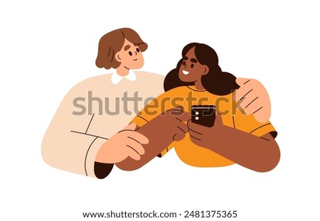 Women with smartphone. Female using mobile phone, asking for help with new app, technology. Happy user, assistance with cellphone service. Flat vector illustration isolated on white background