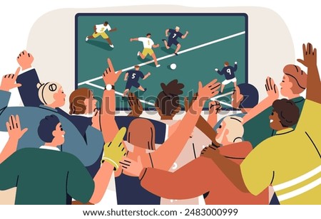 People crowd watching soccer game, sport match on TV screen. Happy football fans, back view, cheering team, celebrating goal in championship. Flat vector illustration isolated on white background