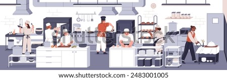 Restaurant kitchen scene. Professional staff at work, cooking food, preparing dishes. Catering service business. Chefs cooks, preparation process. Flat vector illustration isolated on white background