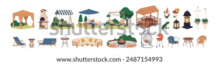 Garden furniture set. Cozy outdoor chairs, swings, wooden tables, sofas and hammocks. Summer tent, deckchair, backyard BBQ grill and lanterns. Flat vector illustration, isolated on white background