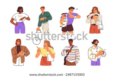 People looking at time on hand watch. Busy punctual men, women checking wristwatch, gesturing with clock on wrist. Delay, hurry, showing deadline. Flat vector illustration isolated on white background