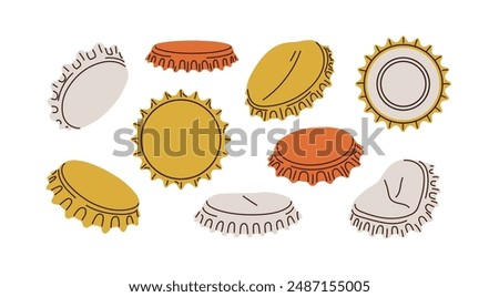 Bottle caps set. Metal beer lids, corks and soda drink plugs in different positions, views, angles. Round crowned bottlecaps, covers, taps. Flat vector illustrations isolated on white background