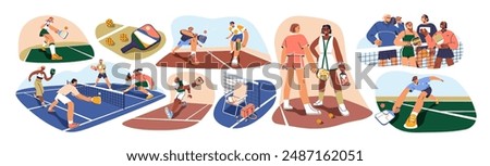 Pickleball game on court. Pickle ball players with rackets. Sports activity, match, training equipment. Playing, serving with paddles over net. Flat vector illustrations isolated on white background