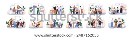 Team, group work. Teamwork in office. Colleagues collaboration, meeting, professional ideas discussion. Business communication, brainstorming. Flat vector illustration set isolated on white background