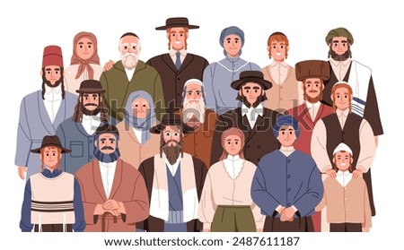 Jewish community portrait. Orthodox religious Jews in traditional attire, apparel, dressing. Hebrew Judaic people, men and women, unity together. Flat vector illustration isolated on white background