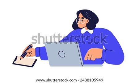 Business woman at laptop. Female employee taking notes with pencil, writing on paper. Entrepreneur working, studying at notebook computer. Flat vector illustration isolated on white background