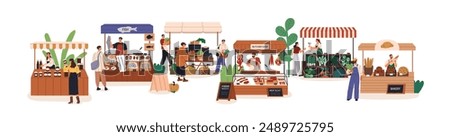 Farmers market place with local farm produce. Agriculture fair, marketplace. People buying domestic organic products at vendor stalls. Flat graphic vector illustration isolated on white background