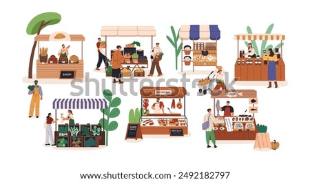 Farmers market stalls. Vendors selling natural organic domestic produce. Buyers at counters, vegetable and butcher shop. Local outdoor fair. Flat vector illustration isolated on white background