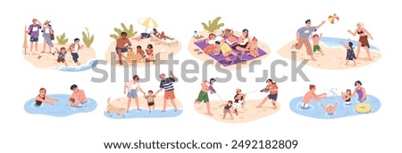 Family activities, beach vacation. Happy parents, children at sea resort on summer holiday travel. Mother, father, kids, active fun and recreation Flat vector illustration isolated on white background