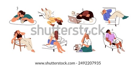 Tired fatigue people set. Exhausted sleepy lazy overworked characters with low energy, tiredness, exhaustion. Apathy, weakness, burnout concept. Flat vector illustration isolated on white background