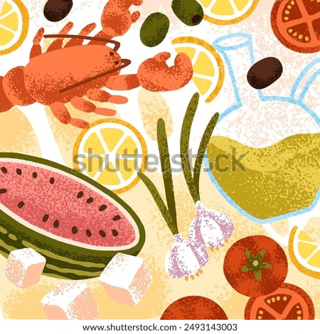 Food, Mediterranean cuisine card. Lobster, vegetables, olive oil. Italian and Greek kitchen with tomato, feta cheese. Gourmet fresh healthy eating, scattered ingredients. Flat vector illustration