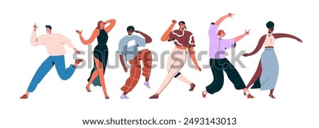 Happy dancing people at discotheque. Excited group, diverse men and women celebrating and having fun at disco. Joyful characters in action. Flat vector illustration isolated on white background