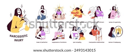 Narcissism concept. Narcissistic injury, wound signs and traits, psychology set. NPD, personality disorder. Mental health, ego problem, behavior. Flat vector illustration isolated on white background