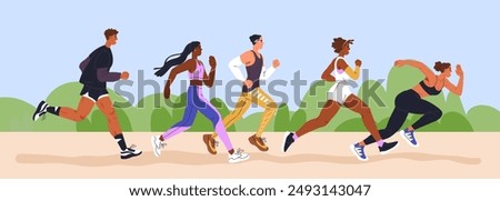 People running in park. Diverse characters group, runners in outdoor marathon, cardio training. Active young men, women jogging. Sports activity, competition in nature. Flat vector illustration