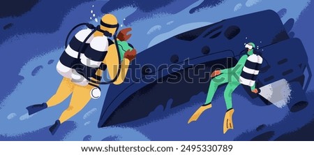 Divers swimming, discovering shipwreck underwater. Exploring wreckage in deep sea, ocean. Sunken ship wreck, ruins discovery and exploration. Dark marine scene under water. Flat vector illustration