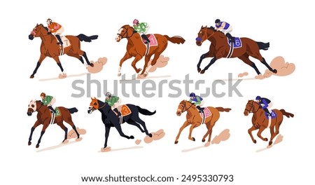 Jockeys on racehorses. Equestrian, horseback sport. Galloping, racing, running horses and riders riding in derby. Horseracing speed. Flat vector illustrations set isolated on white background