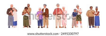 Old love couples set. Senior men, women, happy married people. Aged grandfathers, grandmothers. Elderly family. Modern older husband and wife. Flat vector illustration isolated on white background