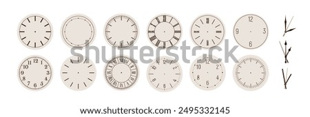 Clock faces set. Watches, clockface in old vintage and modern design styles. Analog dial with numbers. Round circle plates with pointers, arrows. Vector illustration isolated on white background