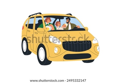 Family travel by car. Road trip, holiday adventure. Parents and kid in auto, dad driving, riding, mom and child passengers. Happy journey. Flat vector illustration isolated on white background