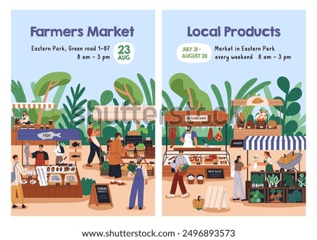 Farmers market, advertising poster design. Local farm vegetables, fruits at outdoor festival, fair. Eco marketplace, domestic produce, promotion flyer cards, templates. Flat vector illustration