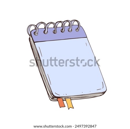 Notebook, sketchbook with spiral binding. Notepad, closed vertical paper note pad with sticky bookmarks. Rings bound diary, memo book. Hand-drawn vector illustration isolated on white background