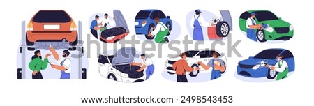 Car repair shop, service set. Auto mechanic checking and fixing vehicle. Automotive technician at work, automobile maintenance at workshop. Flat vector illustration isolated on white background