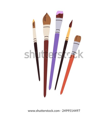 Paint brushes kit for drawing. Painting tools, art supplies. Thick and thin bristles set. Paintbrushes of different size, shape, type, kind. Flat vector illustration isolated on white background