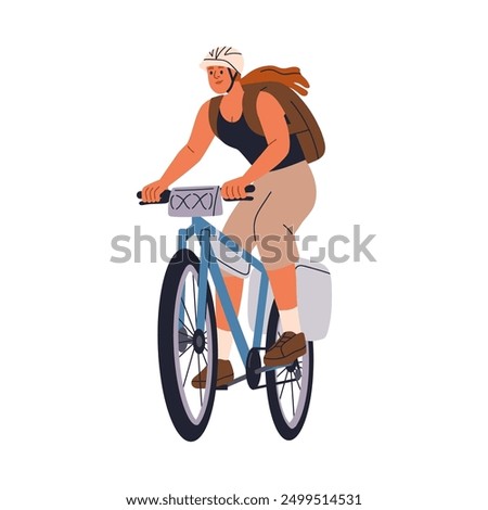 Woman riding bicycle. Happy young cyclist in helmet with backpack, outdoor adventure, travel. Female enjoying active trip, cycling on bike. Flat vector illustration isolated on white background