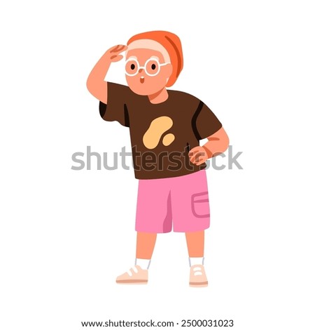 Surprised kid looking at distance. Cute curious excited child, shocked boy in glasses watching far away, exploring, seeking with hand at forehead. Flat vector illustration isolated on white background