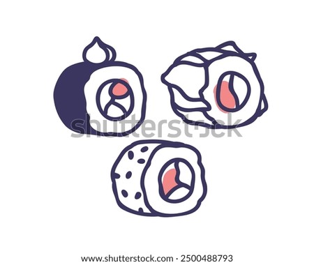 Japanese sushi rolls set. Asian Japan food, cuisine. Uramaki, susi types with rice, salmon, tuna, cheese and nori. Outlined contoured flat graphic vector illustration isolated on white background