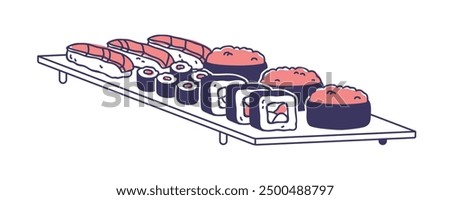 Sushi set, Japan rolls, nigiri, uramaki and maki. Traditional Japanese cuisine with salmon, tuna, rice. Asian susi meal served on board plate. Flat vector illustration isolated on white background