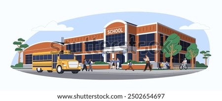 School house building with yellow bus in front of entrance. Children students walking on street, outdoors to schoolhouse. Kids at schoolyard. Flat vector illustration isolated on white background