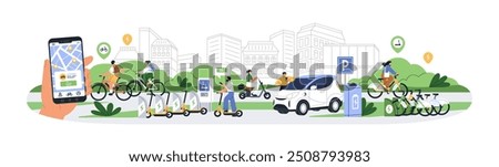 Electric transport, rental, sharing service on mobile phone. Eco sustainable vehicle on city street, car, bicycles. Green infrastructure concept. Flat vector illustration isolated on white background