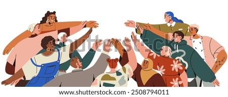 Team, community hands reaching together for support and unity. Diverse multicultural group, people society bonding in solidarity and cooperation. Flat vector illustration isolated on white background