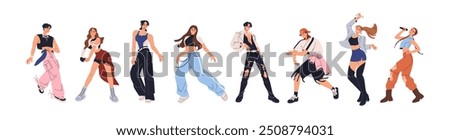 Kpop dancers and singers set. Young male and female k-pop idols performance, dance. Korean pop culture. Modern trendy popular Korea music stars. Flat vector illustrations isolated on white background