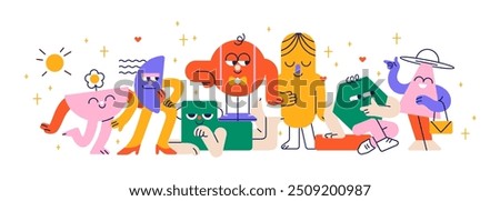 Cute geometric characters with funny happy faces. Geometry shapes group, playful figures with emotions, expressions. Modern kids colorful flat vector illustration isolated on white background