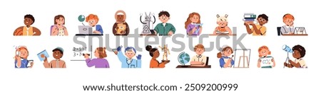 Children students studying different school subjects, lessons. Elementary pupils, kids learning. Math, science, art and chemistry education. Flat vector illustration isolated on white background