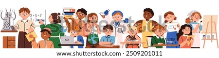 School banner, children students studying, learning. Kids education and knowledge. Boys and girls pupils with books on math, science and art. Flat vector illustration isolated on white background