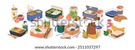 Lunchbox set with healthy food and drink. Portable meal containers, bento lunch boxes with salad, sandwich, fruit. Takeaway homemade snacks. Flat vector illustration isolated on white background.