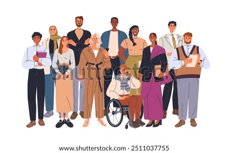 Business people team, diverse entrepreneurs community. Office workers, corporate group of happy colleagues, employees, professionals, staff. Flat vector illustration isolated on white background.