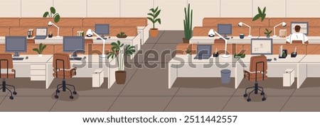 Open-space office interior with empty vacant computer desks. Only employee works at workplace panorama, professional workspace during holiday, weekend, quarantine, reduction. Flat vector illustration