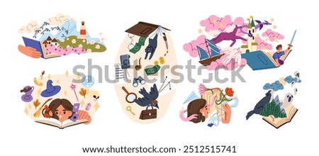 Book reading and fantasy imagined worlds adventures through fairytale and fiction. Kids literature, creativity and imagination concept. Flat vector illustrations set isolated on white background